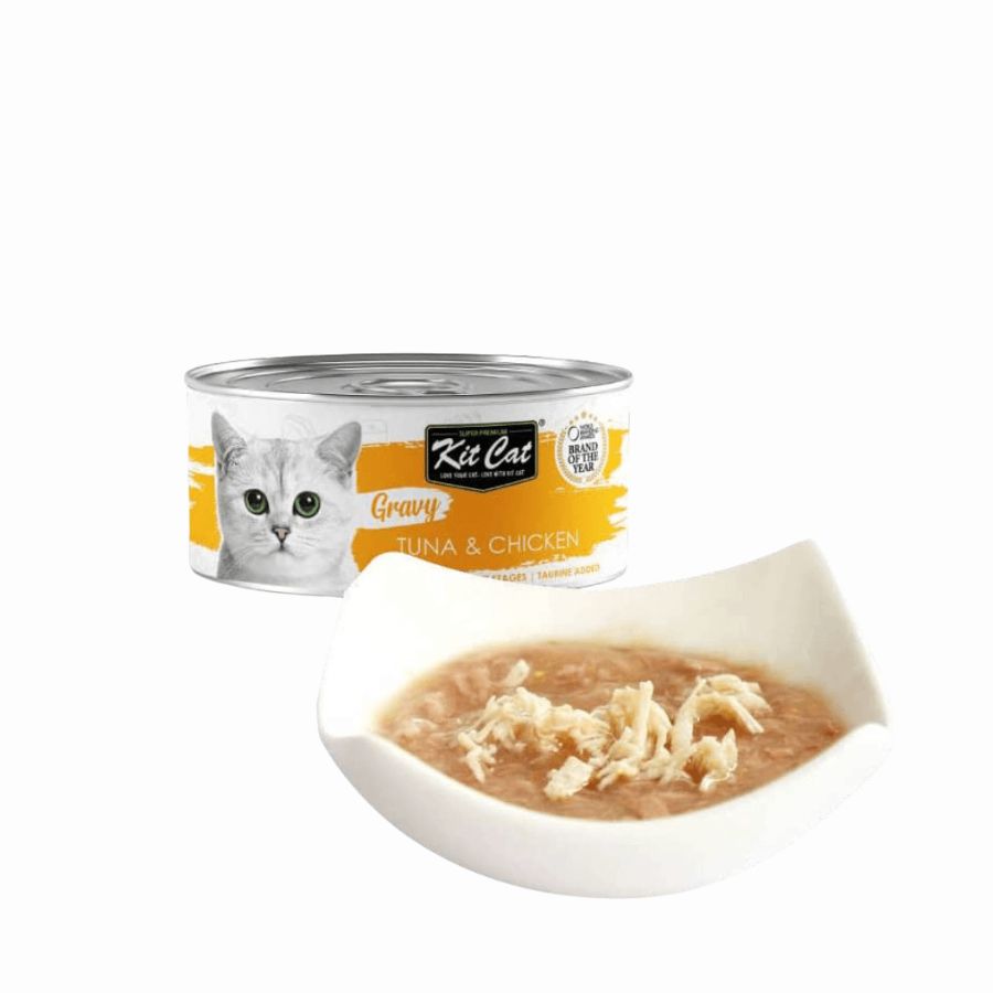 Kit Cat Gravy Series Atún & Pollo: Deliciosa comida húmeda para gatos. Enriquecida con nutrientes, promueve la hidratación y la salud.