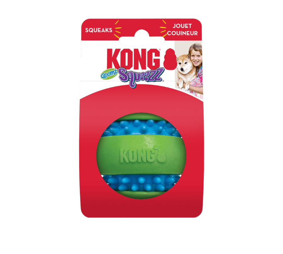 Kong Squeezz Goomz Ball: Masajea dientes y encías, textura duradera y sonido divertido. 🐶🎾