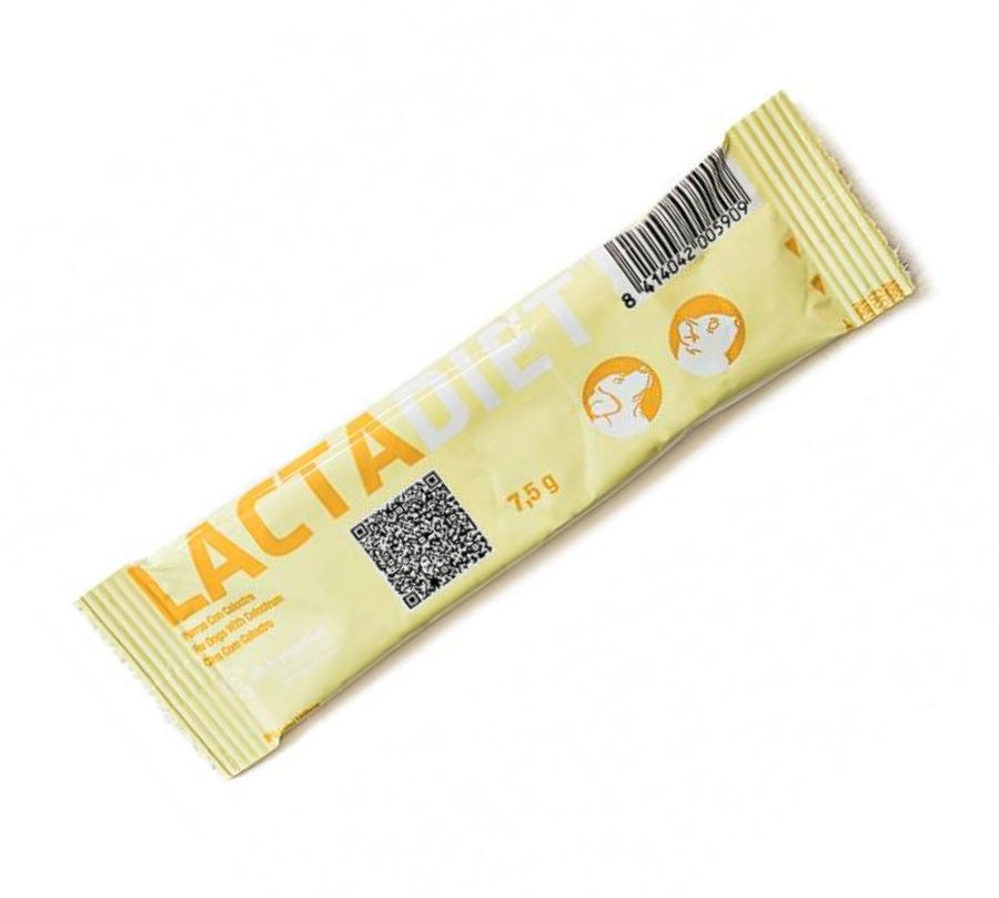 Lactadiet Perro Sobre con calostro, DHA y vitaminas, ideal para cachorros recién nacidos huérfanos o con problemas de lactancia.