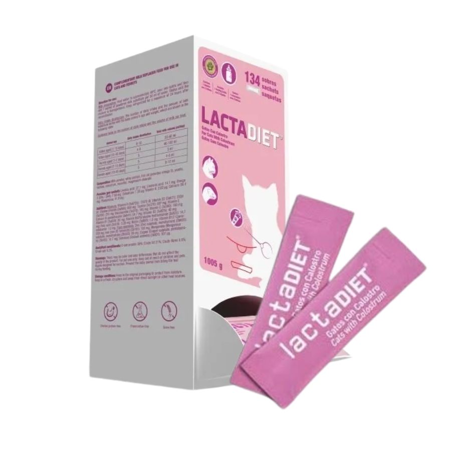 Lactadiet Gato Sobre proporciona nutrición completa con calostro, vitaminas y Omega 3, ideal para gatitos recién nacidos hasta el destete. B-Pets