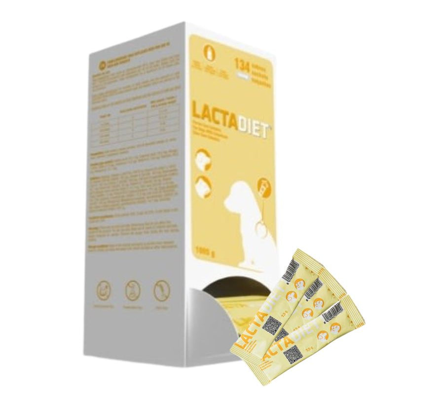 Lactadiet Perro Sobre con calostro, DHA y vitaminas, ideal para cachorros recién nacidos huérfanos o con problemas de lactancia.