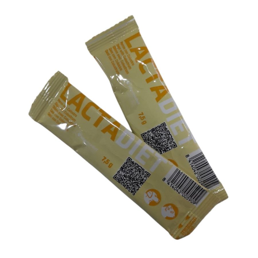 Lactadiet Perro Sobre con calostro, DHA y vitaminas, ideal para cachorros recién nacidos huérfanos o con problemas de lactancia.