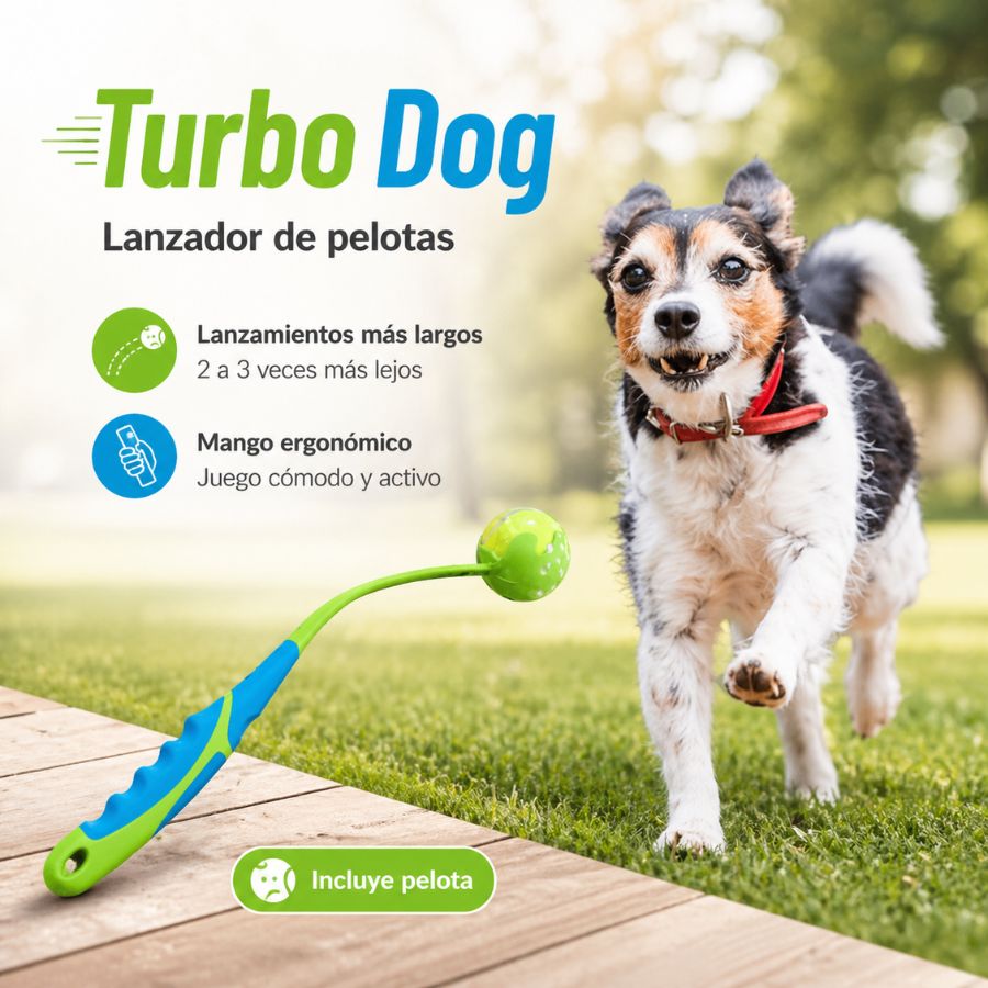 Lanzador de Pelotas Turbo Dog juguete interactivo para perros. Lanza pelotas 2-3 veces más lejos. Ergonomía y diversión asegurada.