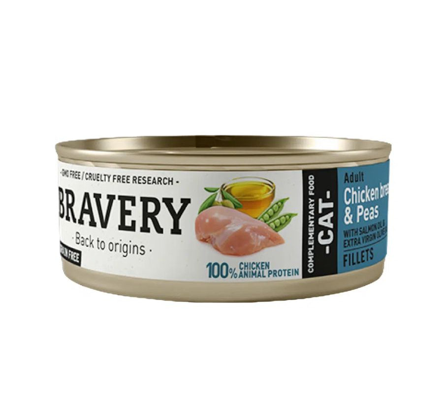 Bravery Pollo y Arvejas 🐱 es un alimento húmedo natural para gatos adultos, con proteína de pollo, arvejas y aceites saludables. Sin granos ni aditivos.