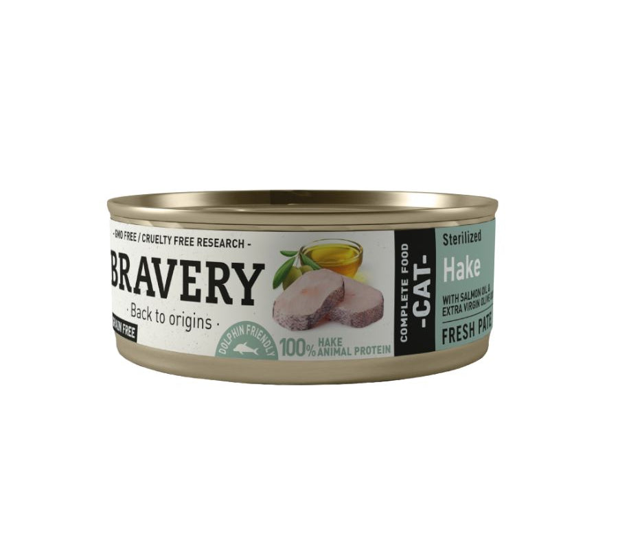 Bravery Hake Gato Esterilizado 🐱 es un alimento húmedo natural y bajo en calorías, ideal para gatos adultos esterilizados. Con merluza, omega 3 y alta hidratación.