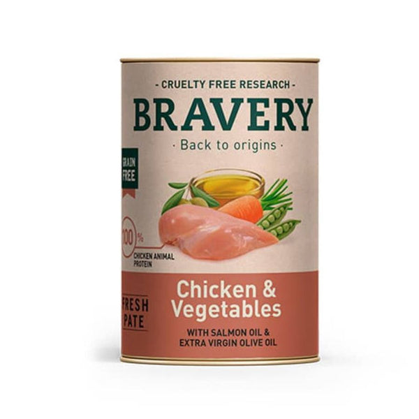 Bravery Pollo y Vegetales es un alimento húmedo natural para perros, con 50% pollo, vegetales y aceites saludables. Sin cereales ni aditivos.