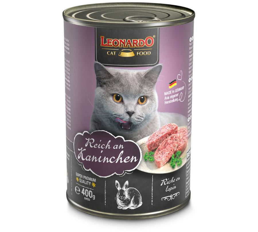 Lata Leonardo Quality Selection Conejo 400gr: Excelencia en alimentación húmeda para gatos, con carne de conejo de alta calidad, baja en grasas y rica en proteínas. Ideal para dietas BARF. 🐾🥇