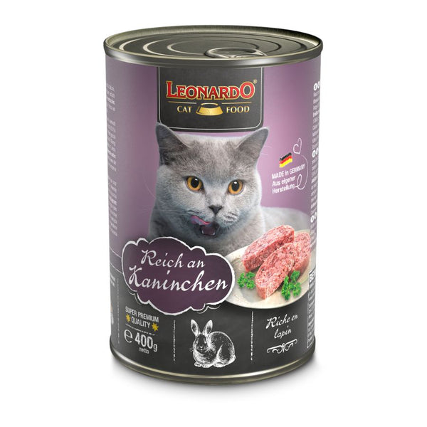 Lata Leonardo Quality Selection Conejo 400gr: Excelencia en alimentación húmeda para gatos, con carne de conejo de alta calidad, baja en grasas y rica en proteínas. Ideal para dietas BARF. 🐾🥇