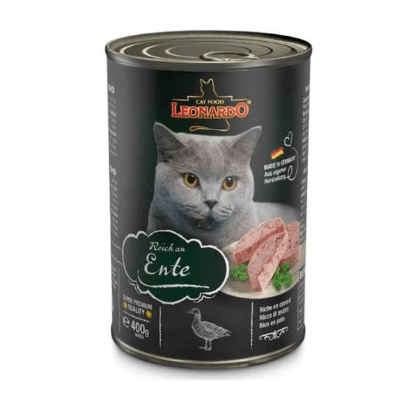 Descubre la Lata Leonardo Quality Selection Pato 400gr, el alimento húmedo ideal para gatos adultos que ofrece una nutrición completa con carne de pato fresca. Alta en proteínas y esencial para una hidratación adecuada. ¡Perfecto para el bienestar de tu gato! 🐾🍽️