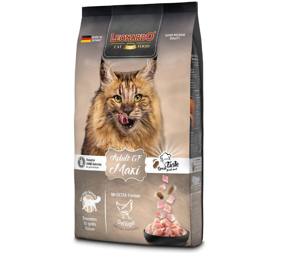 LEONARDO® Adult Maxi GF: alimento sin grano para gatos grandes, con carne de ave fresca y amaranto. 🐾 Mejora la digestión y la salud dental. ✨ Ideal para razas como Maine Coon.