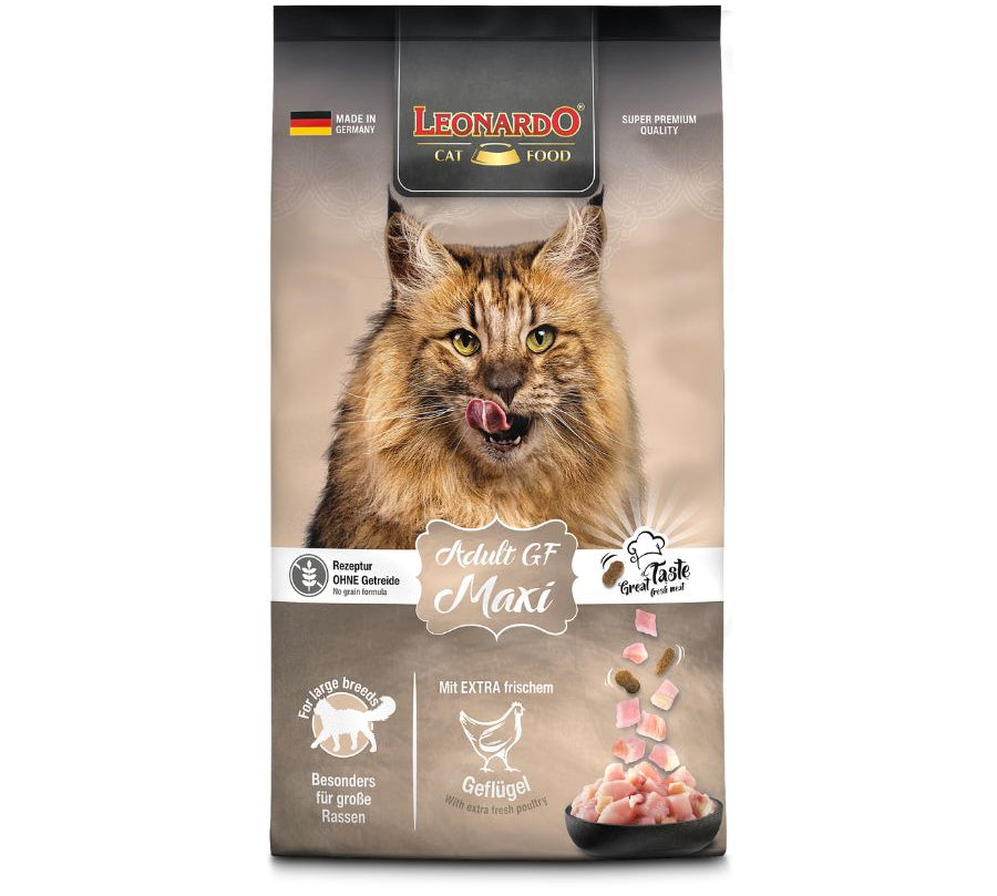 LEONARDO® Adult Maxi GF: alimento sin grano para gatos grandes, con carne de ave fresca y amaranto. 🐾 Mejora la digestión y la salud dental. ✨ Ideal para razas como Maine Coon.