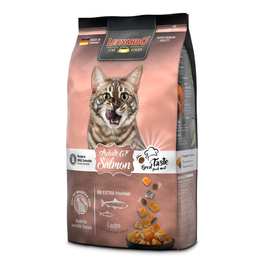 LEONARDO Adulto Grain Free Salmón 1.8kg 🐟🌾, alimento sin granos con salmón fresco para gatos adultos. Hipoalergénico, enriquecido con chía y krill para salud digestiva y defensas fuertes