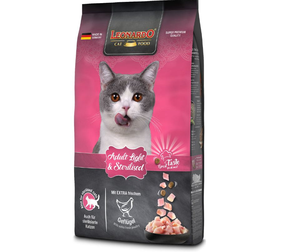 Leonardo Adulto Light 7.5kg 🐱🍃, ideal para gatos con sobrepeso o esterilizados. Bajo en calorías, rico en proteínas, con krill y semillas de chía para salud y forma física.