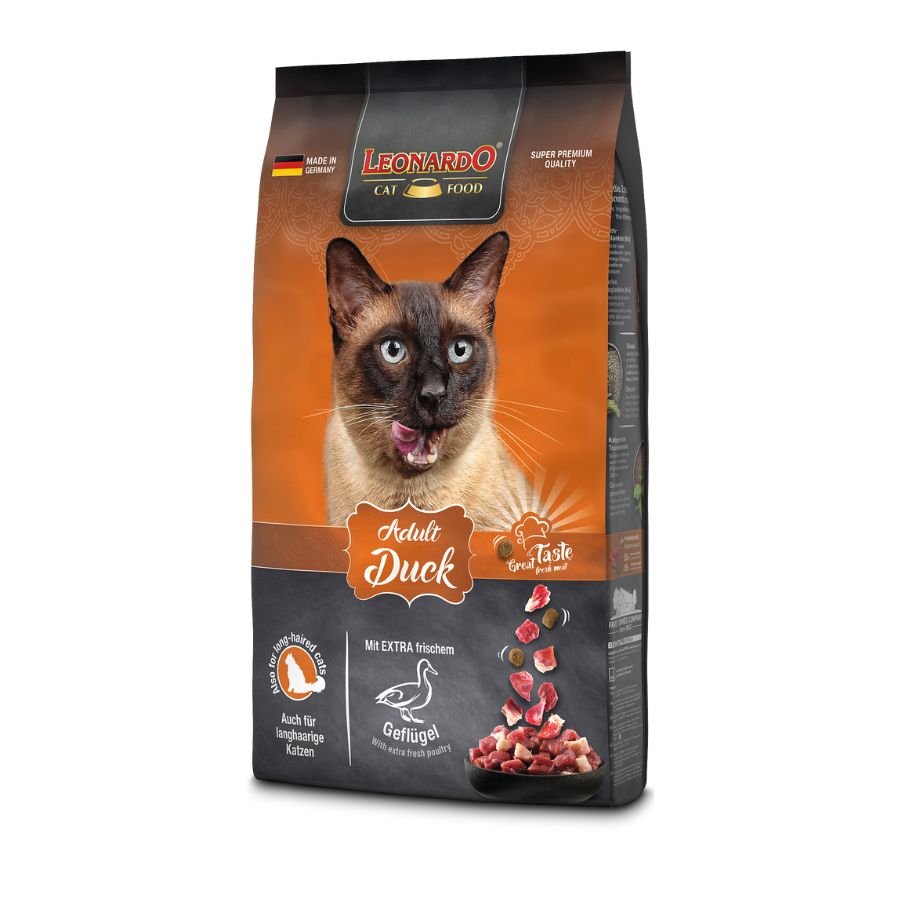 LEONARDO Adult Duck 7.5kg🦆🐾, alimento premium para gatos adultos con carne de pato fresca, semillas de chía y krill antártico. Piel sana y pelaje brillante garantizados.