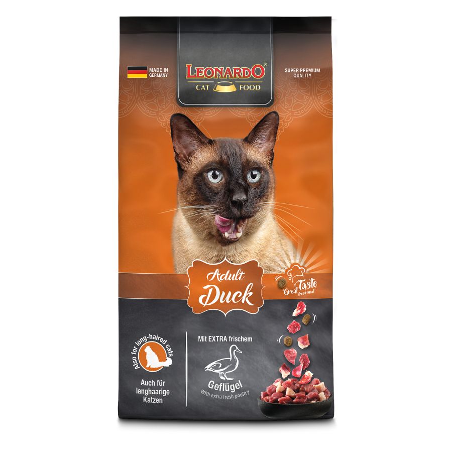 LEONARDO Adult Duck 7.5kg🦆🐾, alimento premium para gatos adultos con carne de pato fresca, semillas de chía y krill antártico. Piel sana y pelaje brillante garantizados.