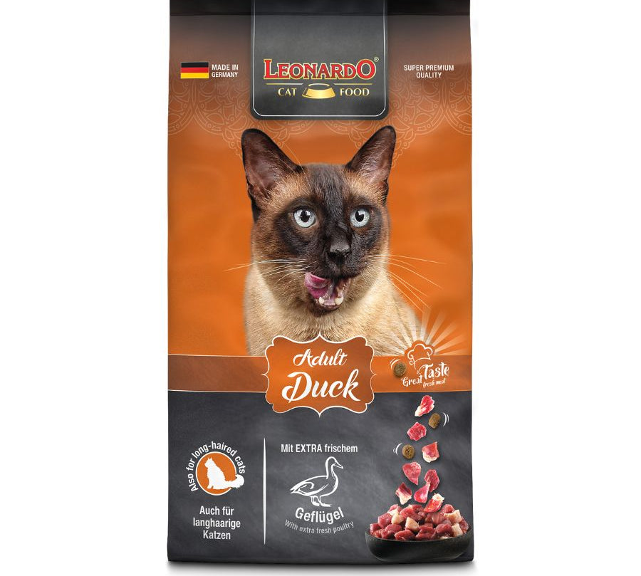 LEONARDO Adult Duck 7.5kg🦆🐾, alimento premium para gatos adultos con carne de pato fresca, semillas de chía y krill antártico. Piel sana y pelaje brillante garantizados.