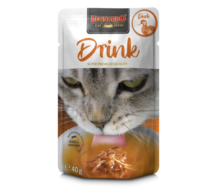 Leonardo Drink Pato, una bebida deliciosa y saludable que promueve la hidratación y complementa la dieta seca de tu gato. ¡Sabor irresistible y nutrientes esenciales!