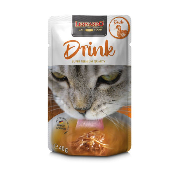 Leonardo Drink Pato, una bebida deliciosa y saludable que promueve la hidratación y complementa la dieta seca de tu gato. ¡Sabor irresistible y nutrientes esenciales!