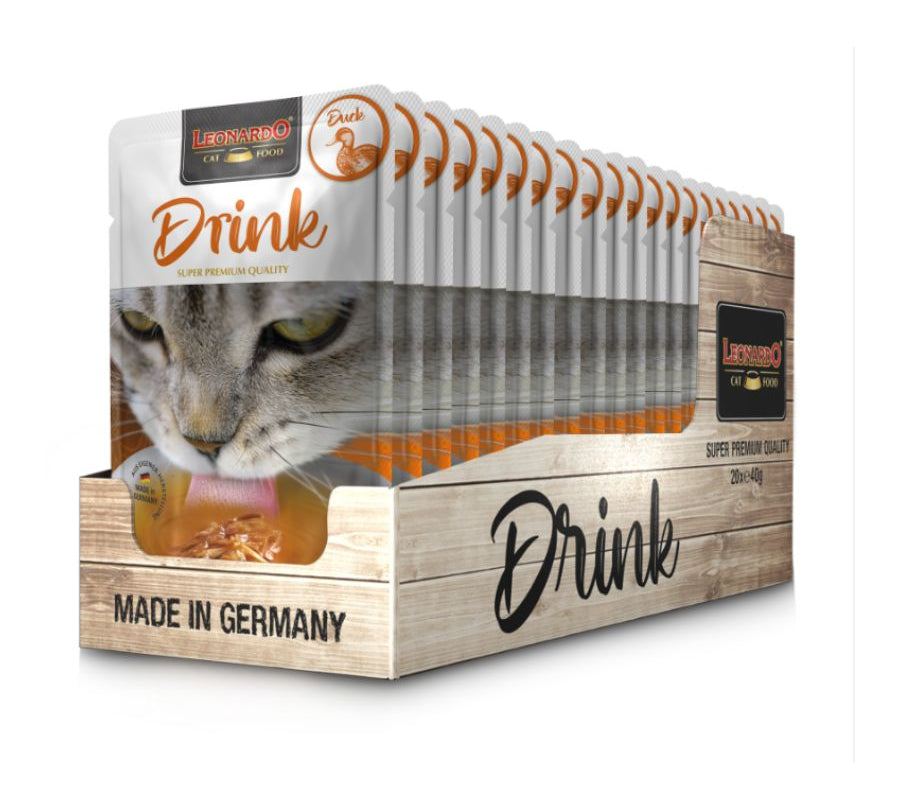 Leonardo Drink Pato, una bebida deliciosa y saludable que promueve la hidratación y complementa la dieta seca de tu gato. ¡Sabor irresistible y nutrientes esenciales!