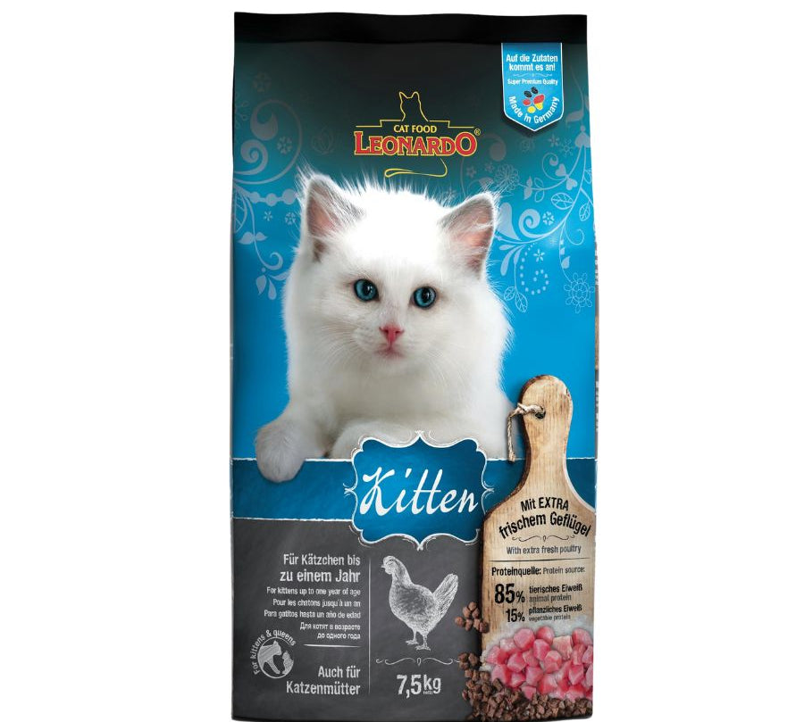 Leonardo Kitten 7.5kg 🐾🍼, alimento completo para gatitos y gatas lactantes. Enriquecido con carne fresca y chía para digestión y defensas fuertes.