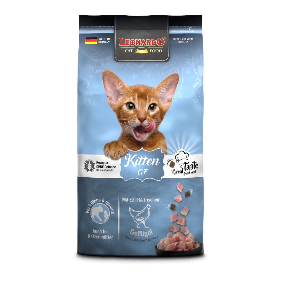 Leonardo Kitten Libre de Granos 1.8kg 🐱🌿, alimento completo sin granos para gatitos y gatas lactantes. Con carne fresca y chía, fortalece la digestión y defensas.