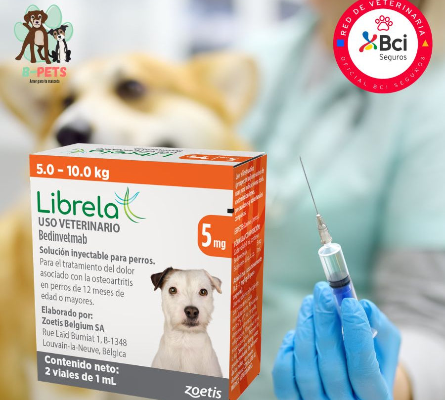 Librela para perros 5 a 10kg inyección mensual en consulta veterinaria para el control del dolor por osteoartritis y mejora de la movilidad.