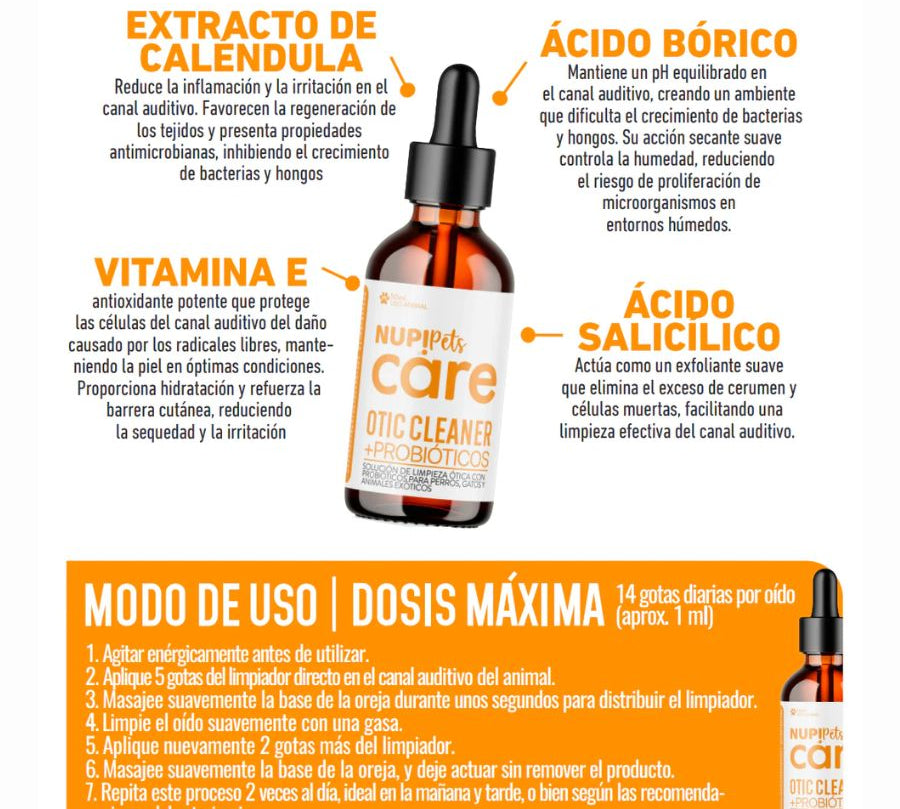 Limpiador Ótico Probiótico y Antimicrobiano para Mascotas NUP! Pets. Previene y trata la otitis en perros y gatos, regula la producción de cerumen y alivia inflamación.