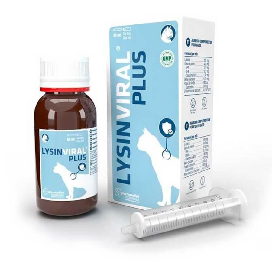 Lysinviral Plus 50 ml, gel inmunoestimulante con L-Lisina, Omega 3 y quercetina. Ideal para gatos con Herpesvirus o inmunidad comprometida.