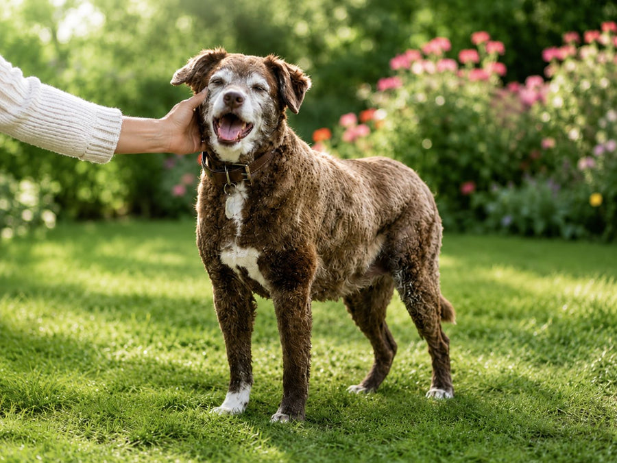 perro feliz siendo acariciado en un parque tras comer sus medicamentos