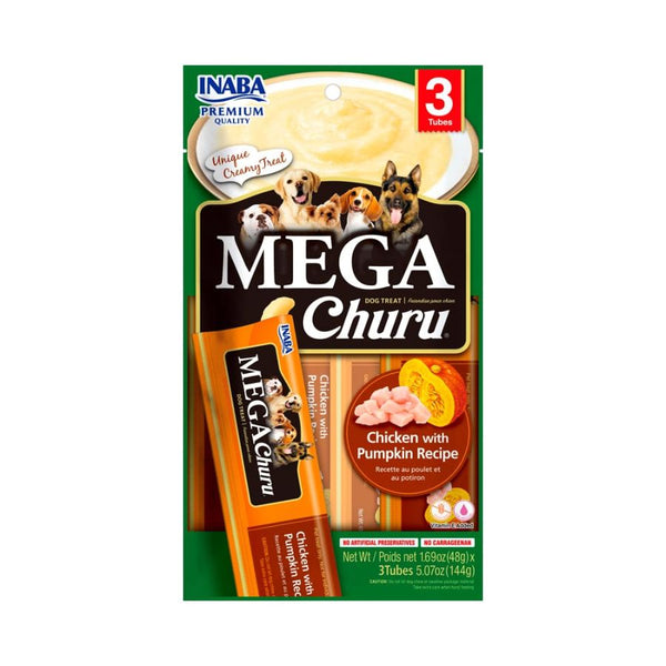 Mega Churu Pollo con Zapallo 48G x 3u, snack cremoso para perros grandes. Sin granos ni aditivos, hidratante y delicioso con pollo y calabaza natural.