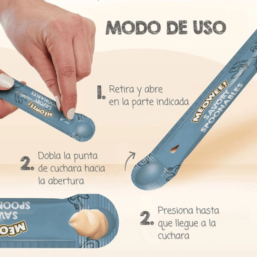 Meowee Atún, Pollo y Pato, snack cremoso con cuchara incluida. Ideal para compartir con tu gato. Enriquecido con taurina y vitaminas esenciales. B-Pets