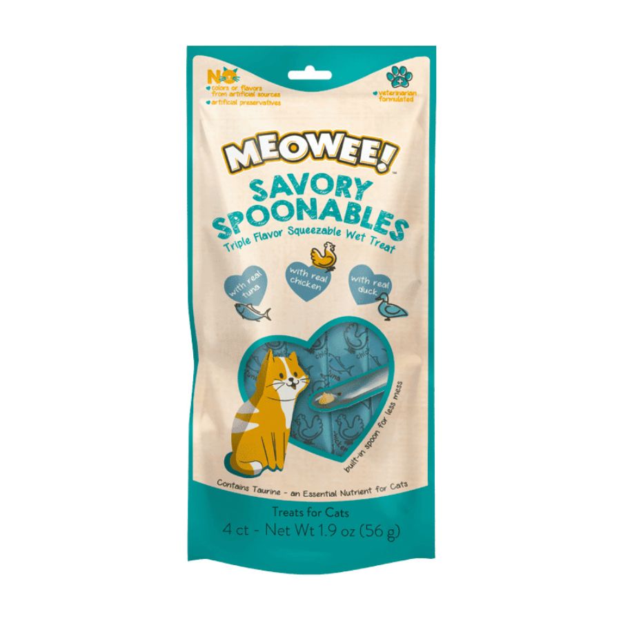 Meowee Atún, Pollo y Pato, snack cremoso con cuchara incluida. Ideal para compartir con tu gato. Enriquecido con taurina y vitaminas esenciales. B-Pets