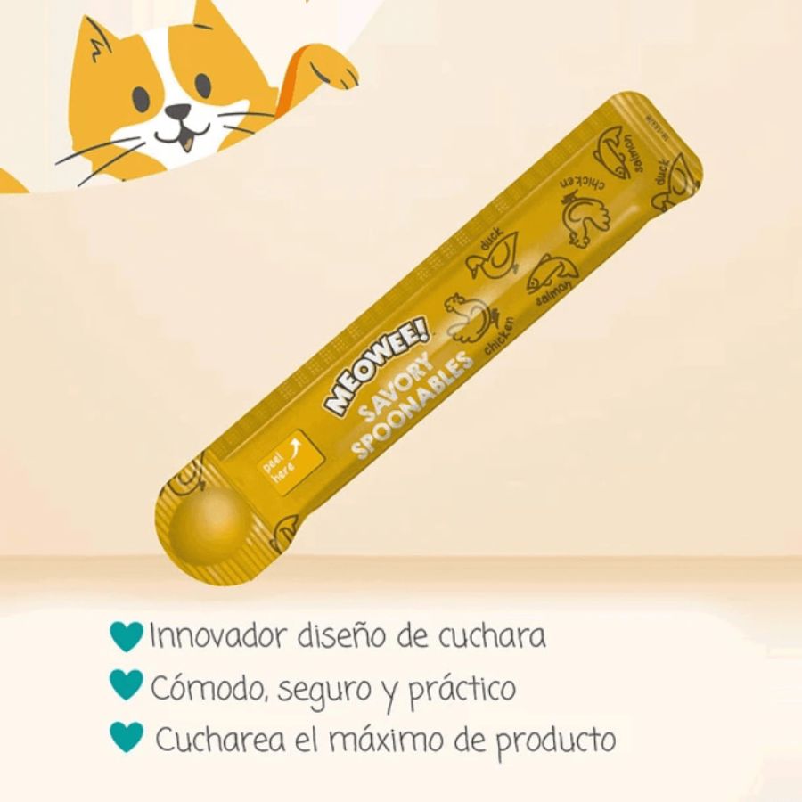 Meowee Pollo, Salmón y Pato, golosina cremosa con cuchara incluida. Triple sabor, enriquecida con taurina y sin ingredientes artificiales.