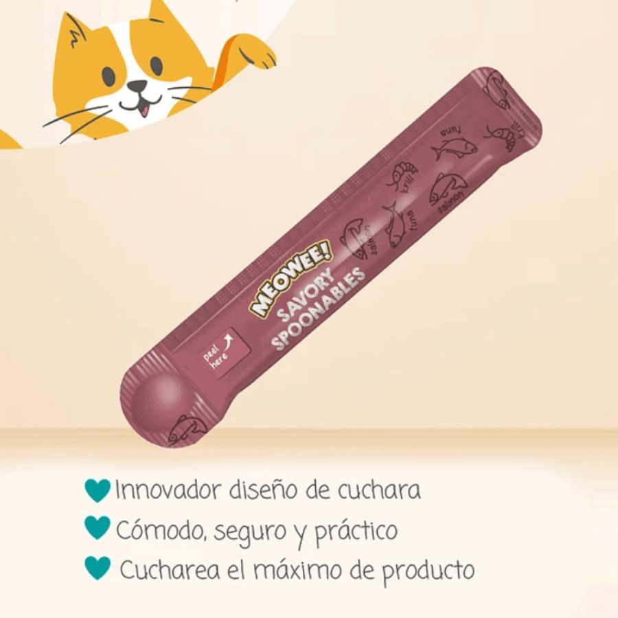 Meowee Salmon, Atun y Camaron, golosina cremosa con cuchara incluida. Triple sabor, enriquecida con taurina y sin ingredientes artificiales. B-Pets