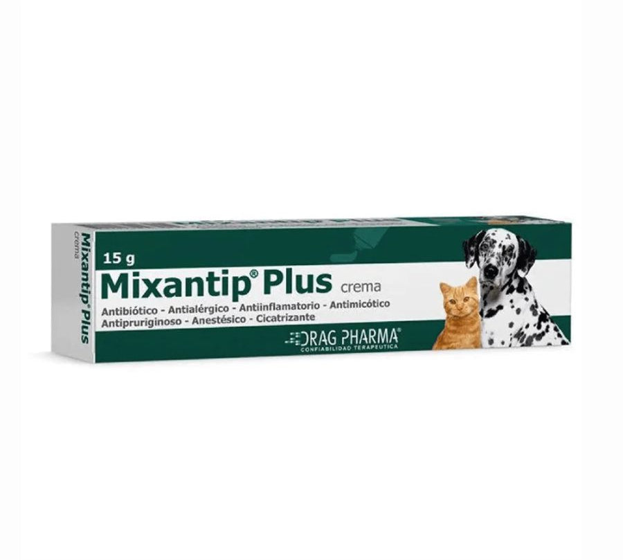 Mixantip Plus Crema 15g, antimicótico y cicatrizante, ideal para tratar infecciones, prurito y heridas en perros y gatos.