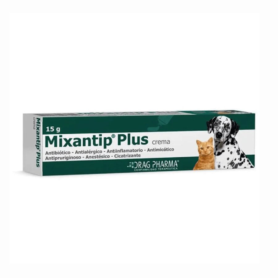 Mixantip Plus Crema 15g, antimicótico y cicatrizante, ideal para tratar infecciones, prurito y heridas en perros y gatos.