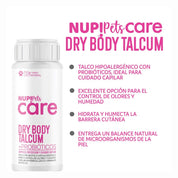 NUP! PETS Care Dry Body Talcum controla olores y humedad con probióticos. Hipoalergénico, hidrata y cuida la piel y pelaje sin necesidad de baño.