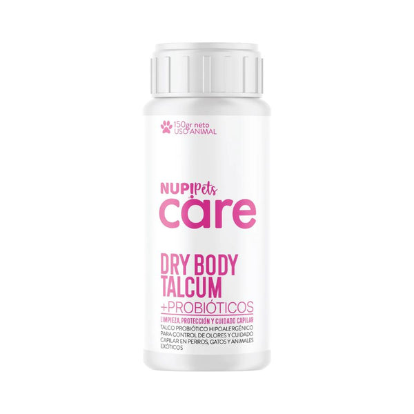NUP! PETS Care Dry Body Talcum controla olores y humedad con probióticos. Hipoalergénico, hidrata y cuida la piel y pelaje sin necesidad de baño.