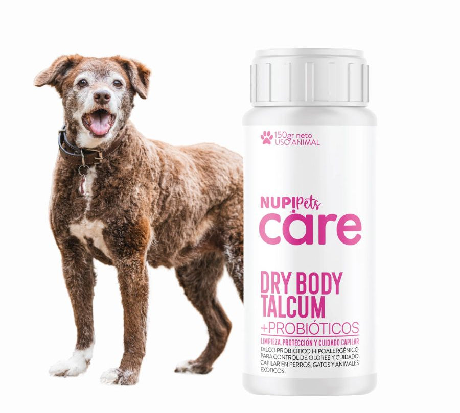 NUP! PETS Care Dry Body Talcum controla olores y humedad con probióticos. Hipoalergénico, hidrata y cuida la piel y pelaje sin necesidad de baño.