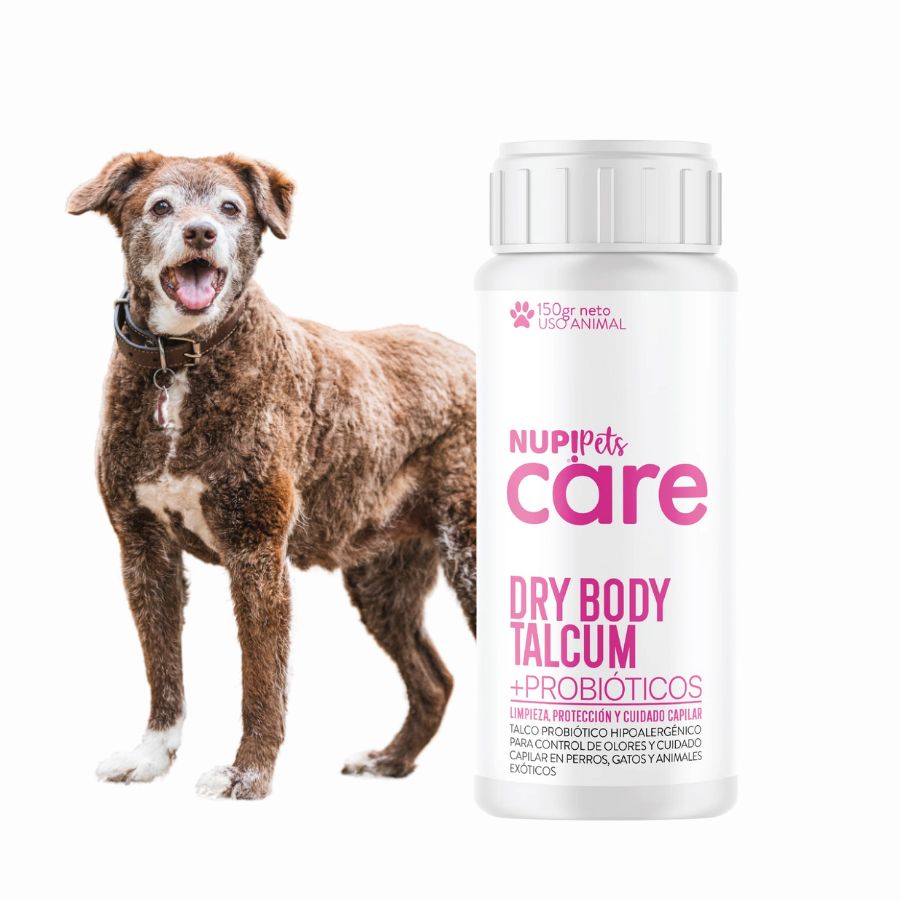 NUP! PETS Care Dry Body Talcum controla olores y humedad con probióticos. Hipoalergénico, hidrata y cuida la piel y pelaje sin necesidad de baño.