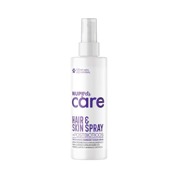 NUP! PETS Hair & Skin Spray fortalece el pelaje y la piel de tu mascota con postbióticos y extractos naturales. Hidratación, brillo y salud capilar diaria.