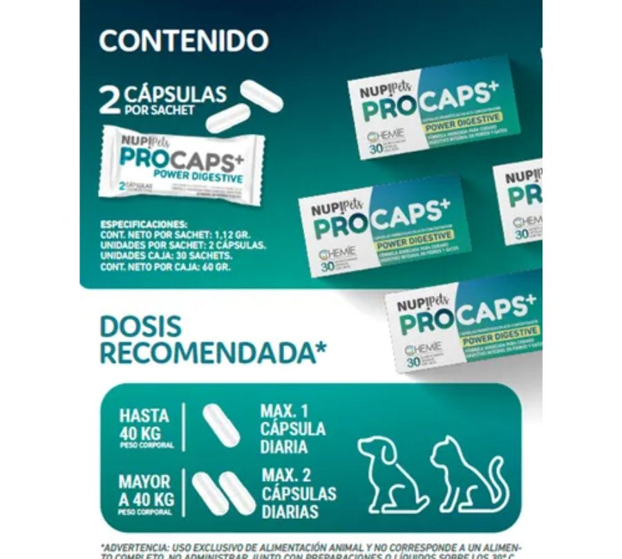 NUP PETS PROCAPS Power Digestive 60 cápsulas, probióticos de alta eficacia para restaurar la salud digestiva de tu perro o gato.