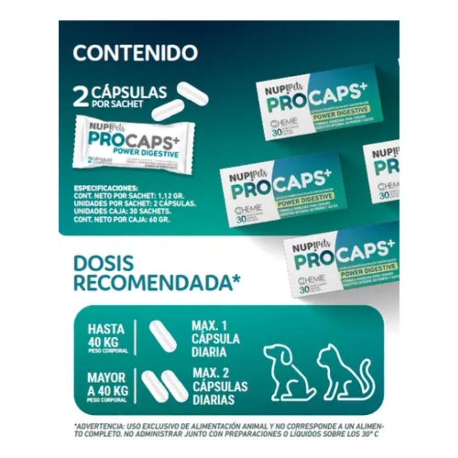 NUP PETS PROCAPS Power Digestive 60 cápsulas, probióticos de alta eficacia para restaurar la salud digestiva de tu perro o gato.