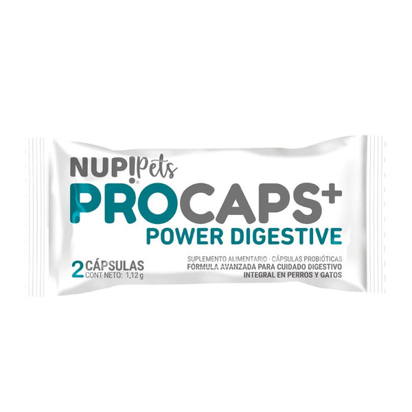 NUP PETS PROCAPS Power Digestive 2 cápsulas, probióticos de alta eficacia para restaurar la salud digestiva de tu perro o gato.