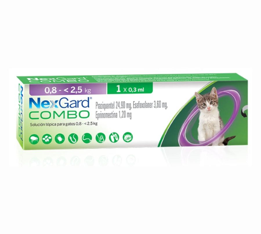 NexGard Combo Antiparasitario para Gatos de 0,8 a 2,5 kg elimina pulgas, garrapatas y gusanos con una aplicación tópica mensual segura y eficaz.