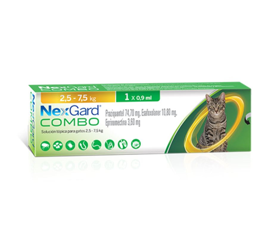 NexGard Combo Antiparasitario para Gatos de 2,5 a 7,5 kg elimina pulgas, garrapatas y gusanos con una aplicación tópica mensual segura y eficaz.