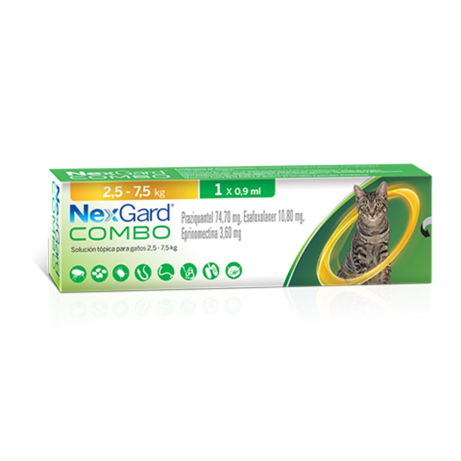 NexGard Combo Antiparasitario para Gatos de 2,5 a 7,5 kg elimina pulgas, garrapatas y gusanos con una aplicación tópica mensual segura y eficaz.