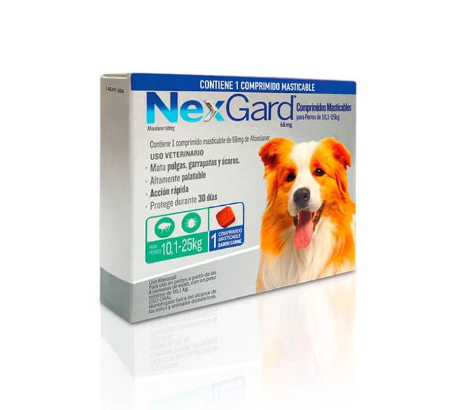 Nexgard 10 a 25 kg elimina pulgas, garrapatas y ácaros con acción rápida y sabor a carne. Protección eficaz por 30 días en un solo comprimido. B-Pets