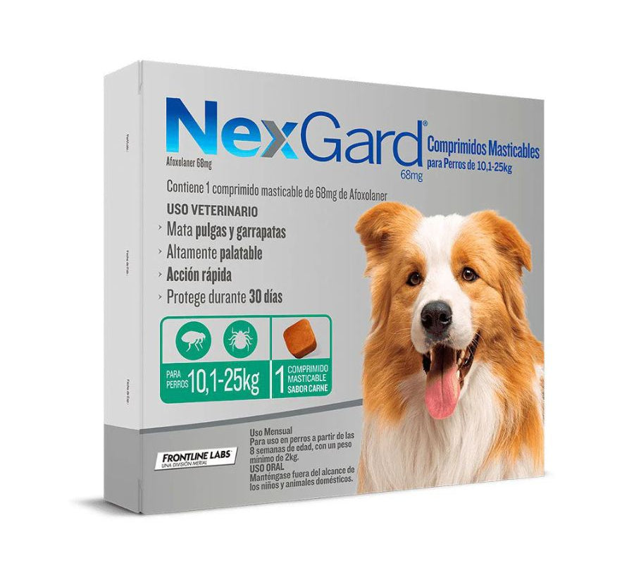 Nexgard 10 a 25 kg elimina pulgas, garrapatas y ácaros con acción rápida y sabor a carne. Protección eficaz por 30 días en un solo comprimido. B-Pets