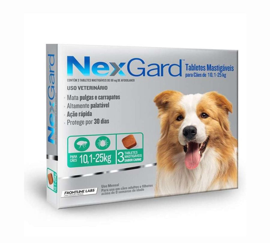 Nexgard 10 a 25 kg 3 comprimidos elimina pulgas, garrapatas y ácaros con acción rápida y sabor a carne. Protección eficaz por 30 días en un solo comprimido.